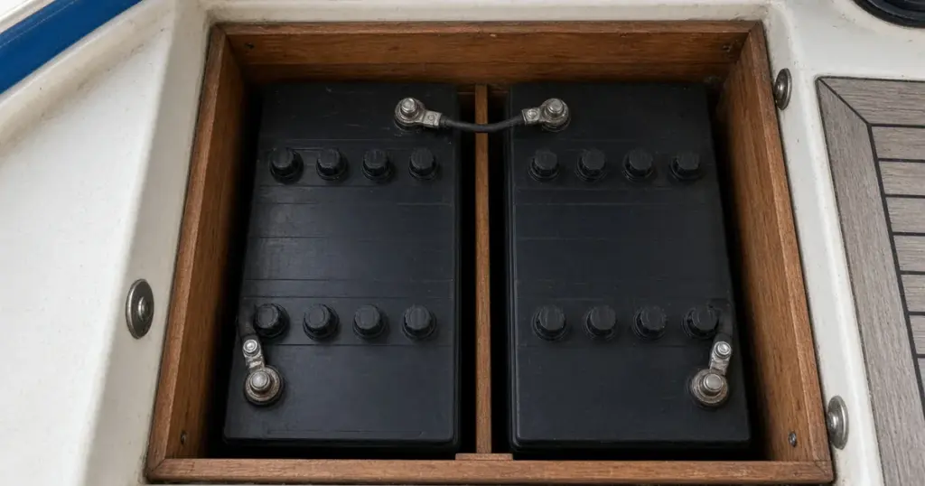 Two GC2-size 6-volt batteries linked together in a wood-framed boat compartment