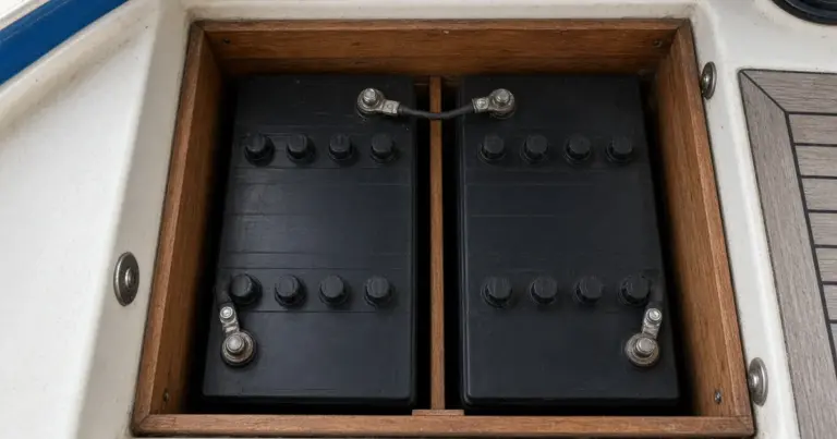 Two GC2-size 6-volt batteries linked together in a wood-framed boat compartment