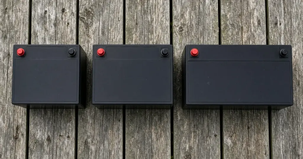 Three batteries in increasing group sizes lined up on a weathered dock