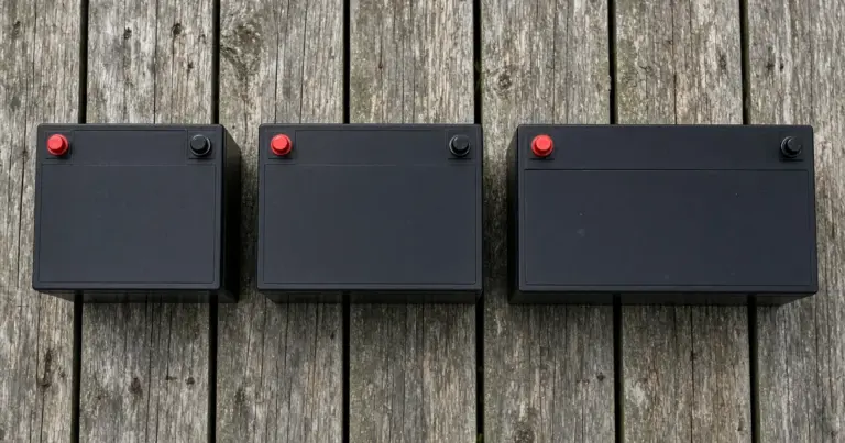 Three batteries in increasing group sizes lined up on a weathered dock