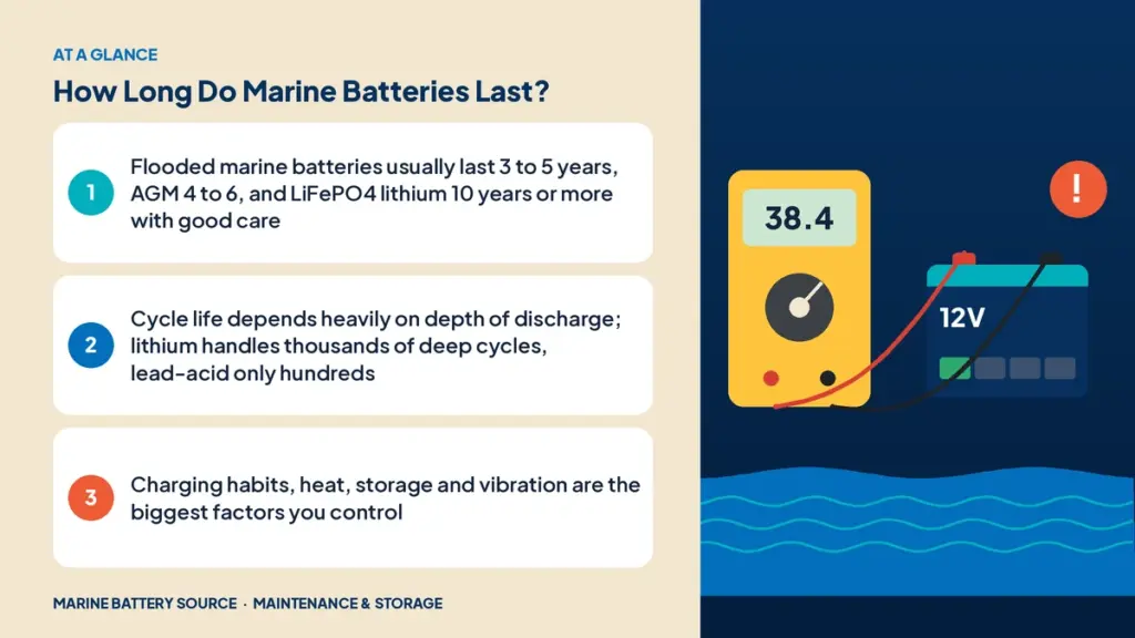 At-a-glance summary: Flooded marine batteries usually last 3 to 5 years, AGM 4 to 6, and LiFePO4 lithium 10 years or more with good care; Cycle life depends heavily on depth of discharge; lithium handles thousands of deep cycles, lead-acid only hundreds; Charging habits, heat, storage and vibration are the biggest factors you control