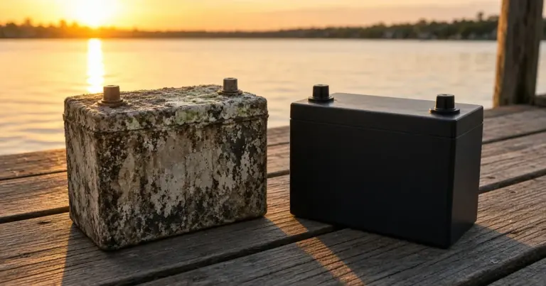 Old corroded battery beside a new battery on a wooden dock at sunset