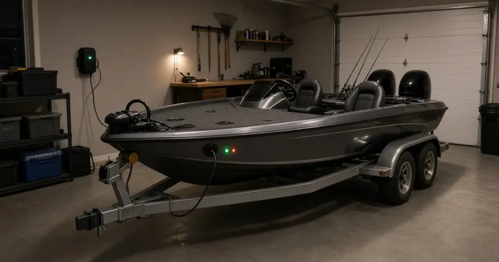 Bass boat on its trailer in a home garage with an onboard charger plugged in and a green indicator light glowing
