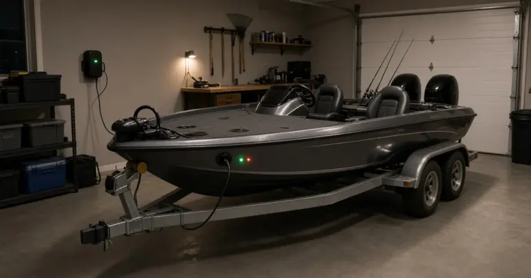 Bass boat on its trailer in a home garage with an onboard charger plugged in and a green indicator light glowing
