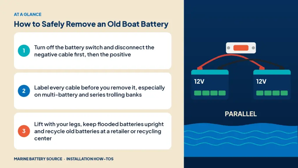 At-a-glance summary: Turn off the battery switch and disconnect the negative cable first, then the positive; Label every cable before you remove it, especially on multi-battery and series trolling banks; Lift with your legs, keep flooded batteries upright and recycle old batteries at a retailer or recycling center