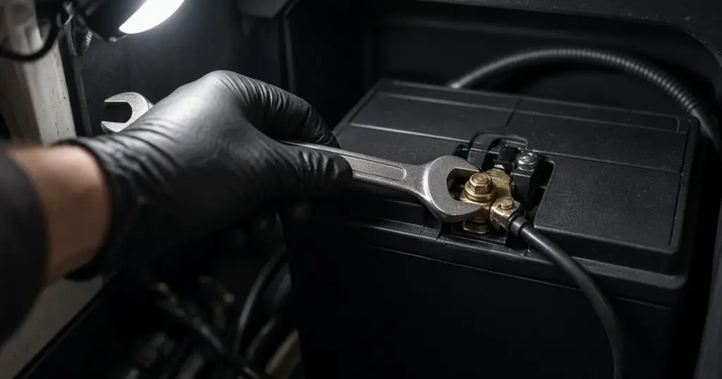 Gloved hand loosening a battery terminal with a wrench in a dim boat compartment