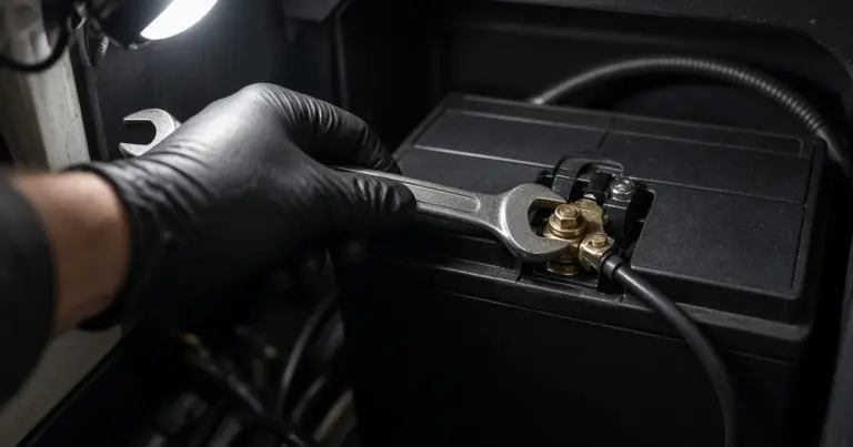 Gloved hand loosening a battery terminal with a wrench in a dim boat compartment