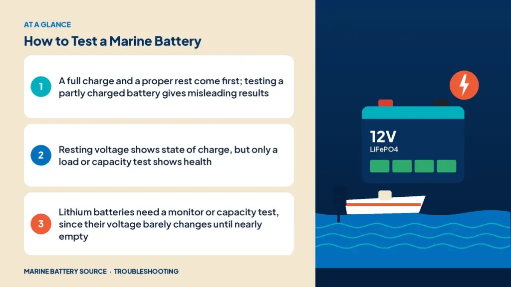 At-a-glance summary: A full charge and a proper rest come first; testing a partly charged battery gives misleading results; Resting voltage shows state of charge, but only a load or capacity test shows health; Lithium batteries need a monitor or capacity test, since their voltage barely changes until nearly empty