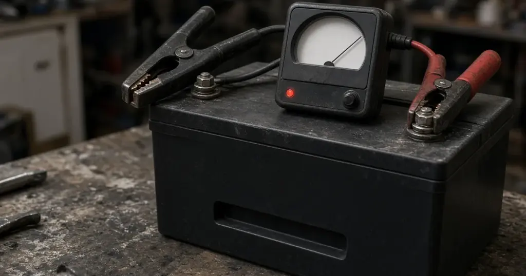 Analog battery load tester clamped to a battery on a workbench