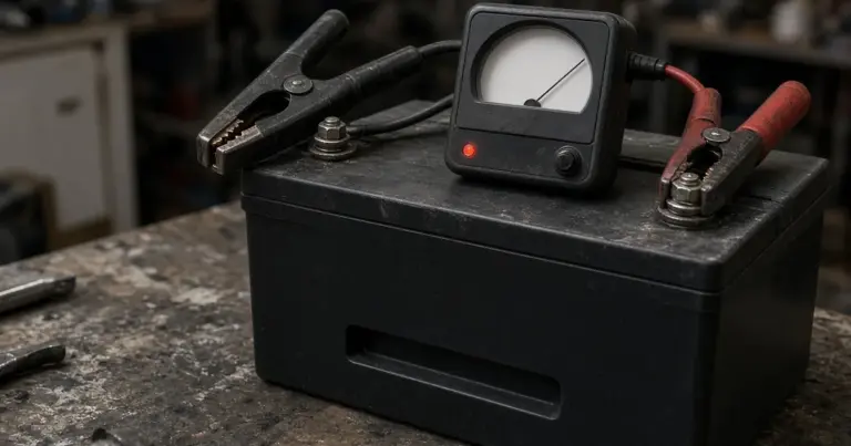 Analog battery load tester clamped to a battery on a workbench