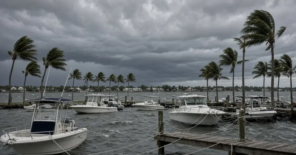 Boats tied in a marina under dark storm clouds as palm trees bend in strong wind