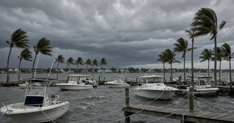 Boats tied in a marina under dark storm clouds as palm trees bend in strong wind