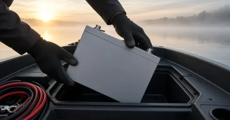 Gloved hands placing a lithium battery into a fishing boat's compartment at sunrise