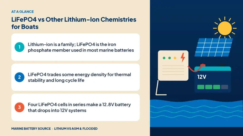 At-a-glance summary: Lithium-ion is a family; LiFePO4 is the iron phosphate member used in most marine batteries; LiFePO4 trades some energy density for thermal stability and long cycle life; Four LiFePO4 cells in series make a 12.8V battery that drops into 12V systems