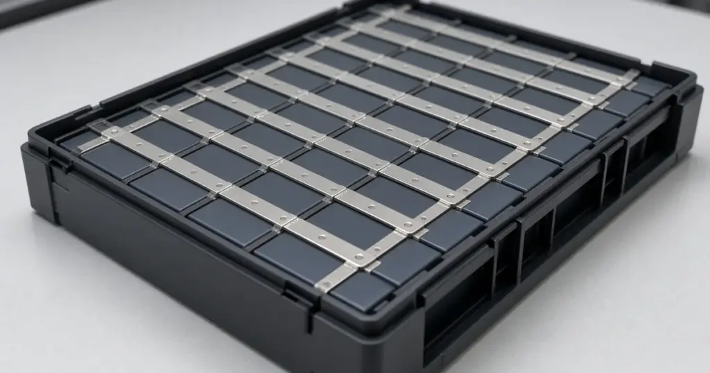 Opened lithium battery pack showing rows of prismatic cells strapped inside the case