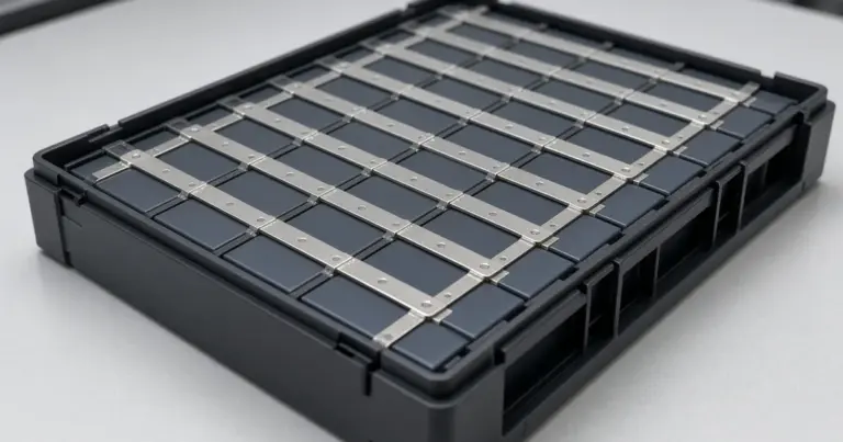 Opened lithium battery pack showing rows of prismatic cells strapped inside the case