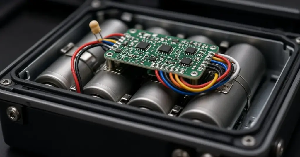 Opened lithium battery showing cylindrical cells and the battery management circuit board inside