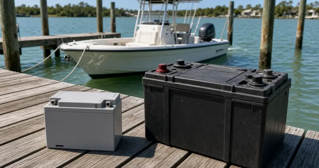 Compact lithium battery beside a much larger lead-acid battery on a dock, center console boat behind