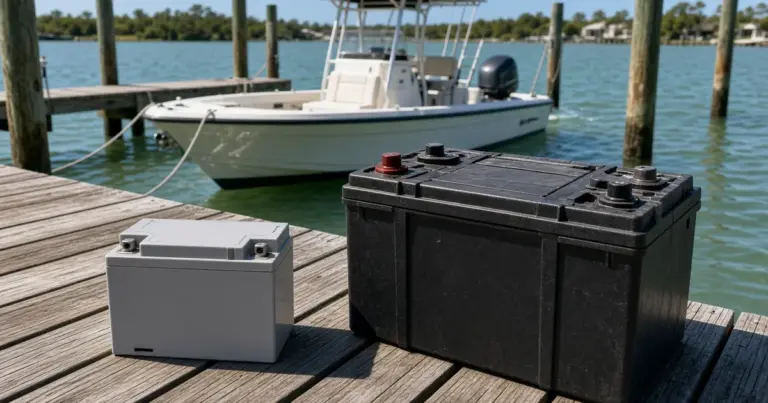 Compact lithium battery beside a much larger lead-acid battery on a dock, center console boat behind
