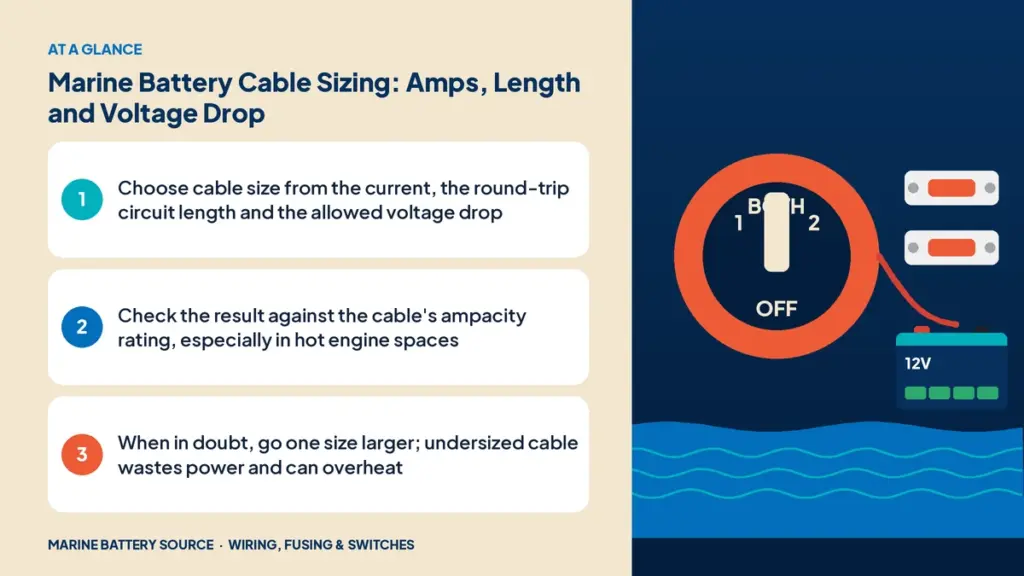 At-a-glance summary: Choose cable size from the current, the round-trip circuit length and the allowed voltage drop; Check the result against the cable's ampacity rating, especially in hot engine spaces; When in doubt, go one size larger; undersized cable wastes power and can overheat
