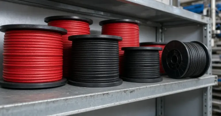 Spools of red and black battery cable in several sizes on a shop shelf