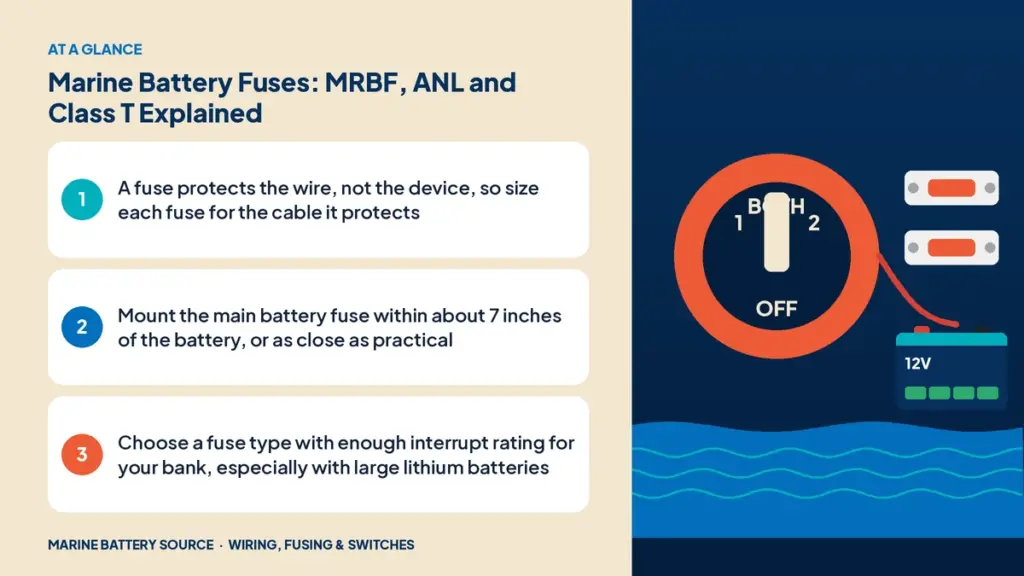 At-a-glance summary: A fuse protects the wire, not the device, so size each fuse for the cable it protects; Mount the main battery fuse within about 7 inches of the battery, or as close as practical; Choose a fuse type with enough interrupt rating for your bank, especially with large lithium batteries