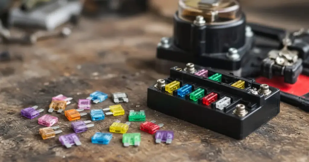 Blade fuse block, assorted blade fuses and a terminal fuse on a workbench