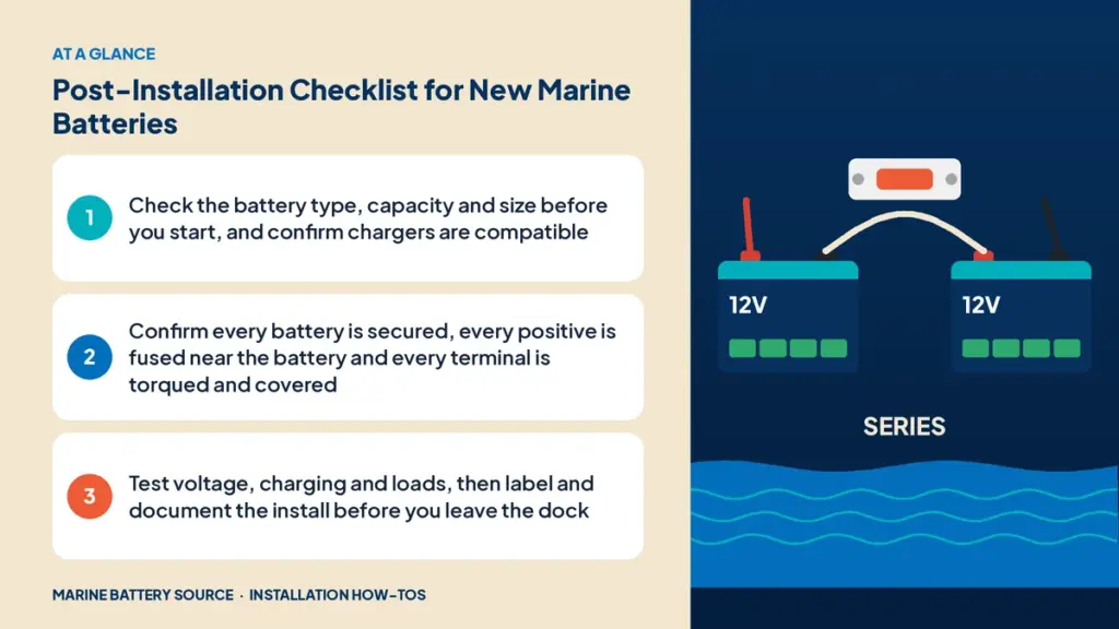 At-a-glance summary: Check the battery type, capacity and size before you start, and confirm chargers are compatible; Confirm every battery is secured, every positive is fused near the battery and every terminal is torqued and covered; Test voltage, charging and loads, then label and document the install before you leave the dock