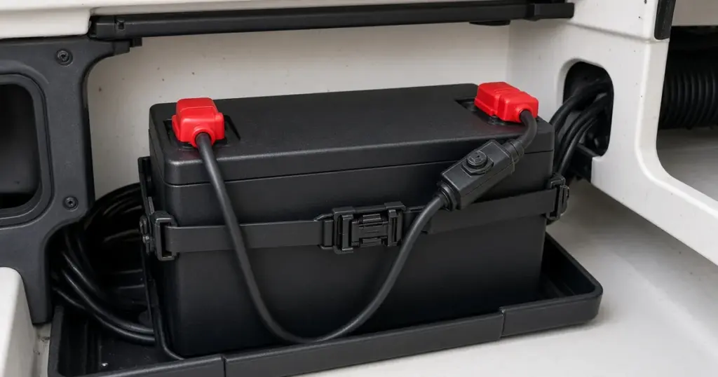 Battery secured in a strapped tray with red terminal covers and a fused lead in a boat compartment