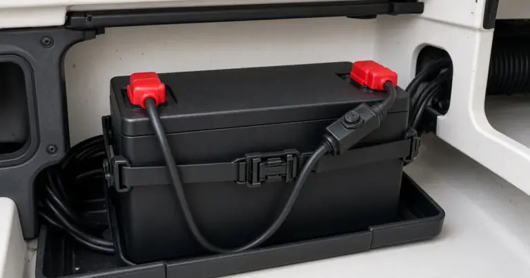 Battery secured in a strapped tray with red terminal covers and a fused lead in a boat compartment