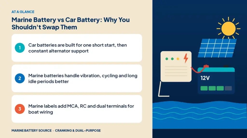At-a-glance summary: Car batteries are built for one short start, then constant alternator support; Marine batteries handle vibration, cycling and long idle periods better; Marine labels add MCA, RC and dual terminals for boat wiring