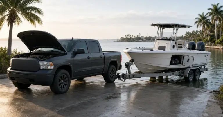 Pickup truck with its hood open beside a center console on a trailer at a boat ramp