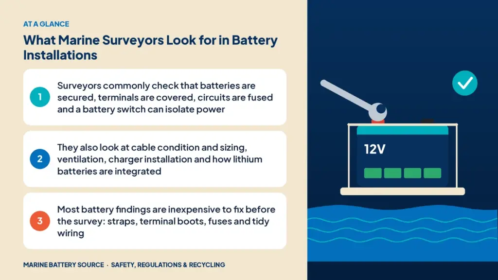 At-a-glance summary: Surveyors commonly check that batteries are secured, terminals are covered, circuits are fused and a battery switch can isolate power; They also look at cable condition and sizing, ventilation, charger installation and how lithium batteries are integrated; Most battery findings are inexpensive to fix before the survey: straps, terminal boots, fuses and tidy wiring