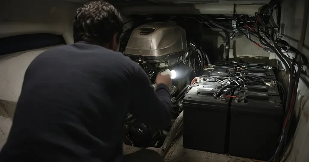 Surveyor inspecting a boat's battery installation with a flashlight, seen from behind