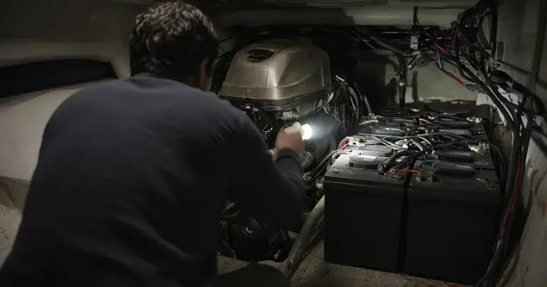 Surveyor inspecting a boat's battery installation with a flashlight, seen from behind