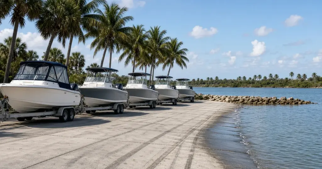 Boats on trailers lined up at a palm-fringed beach ramp