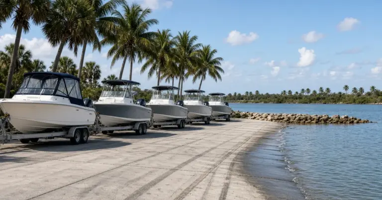 Boats on trailers lined up at a palm-fringed beach ramp