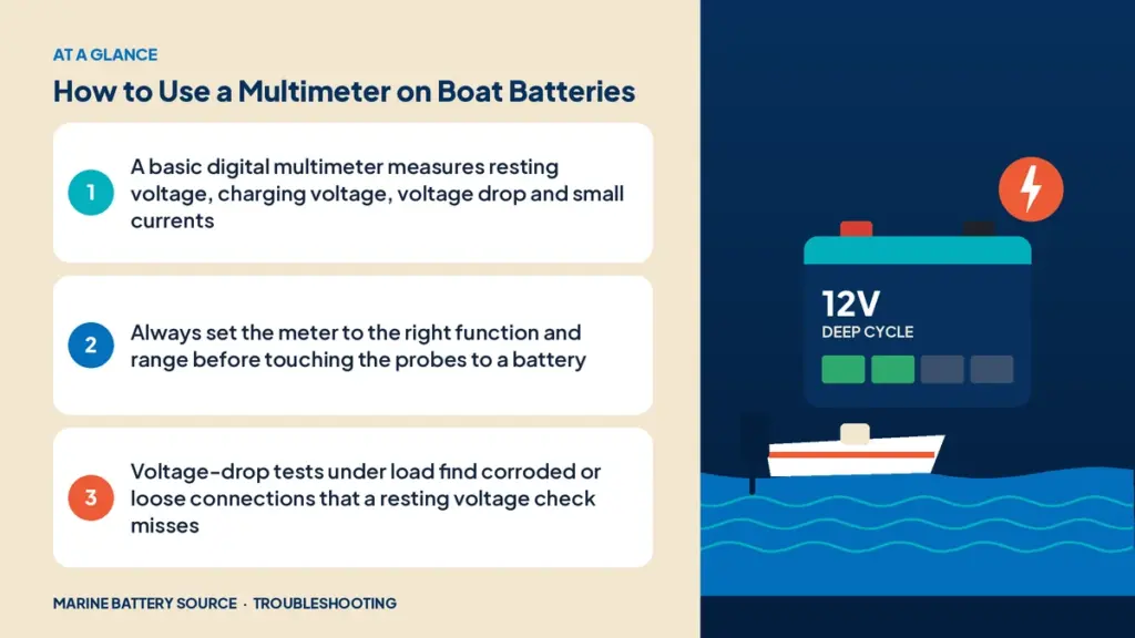 At-a-glance summary: A basic digital multimeter measures resting voltage, charging voltage, voltage drop and small currents; Always set the meter to the right function and range before touching the probes to a battery; Voltage-drop tests under load find corroded or loose connections that a resting voltage check misses