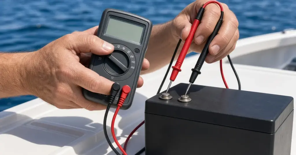 Hands holding a multimeter with probes on a battery's terminals aboard a boat on the water