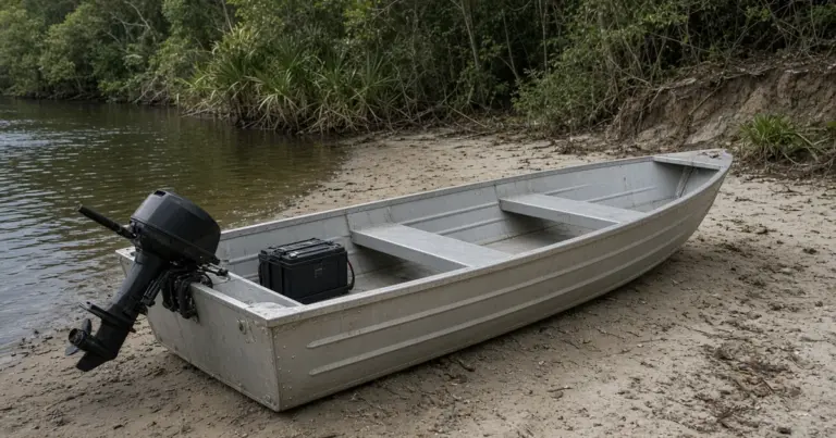 Aluminum skiff with a tiller outboard and a single battery box pulled up on a sandy riverbank