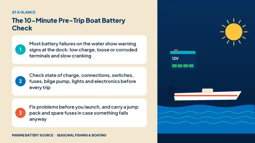 At-a-glance summary: Most battery failures on the water show warning signs at the dock: low charge, loose or corroded terminals and slow cranking; Check state of charge, connections, switches, fuses, bilge pump, lights and electronics before every trip; Fix problems before you launch, and carry a jump pack and spare fuses in case something fails anyway
