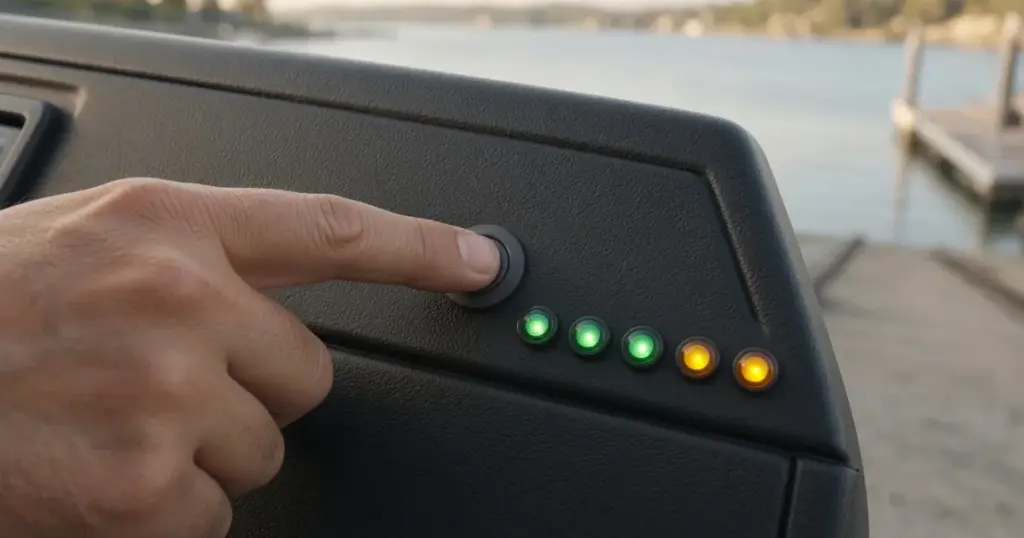 Finger pressing a battery level button with green indicator lights on a boat