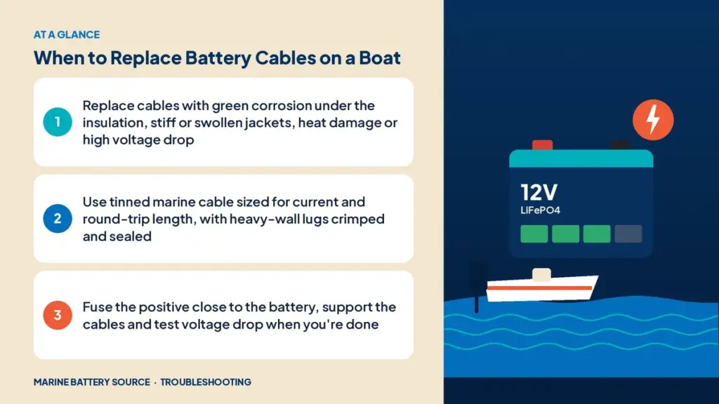 At-a-glance summary: Replace cables with green corrosion under the insulation, stiff or swollen jackets, heat damage or high voltage drop; Use tinned marine cable sized for current and round-trip length, with heavy-wall lugs crimped and sealed; Fuse the positive close to the battery, support the cables and test voltage drop when you're done
