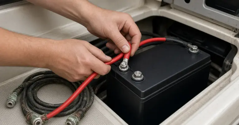 Hands fitting a new red battery cable to a battery, with an old cable coiled beside it