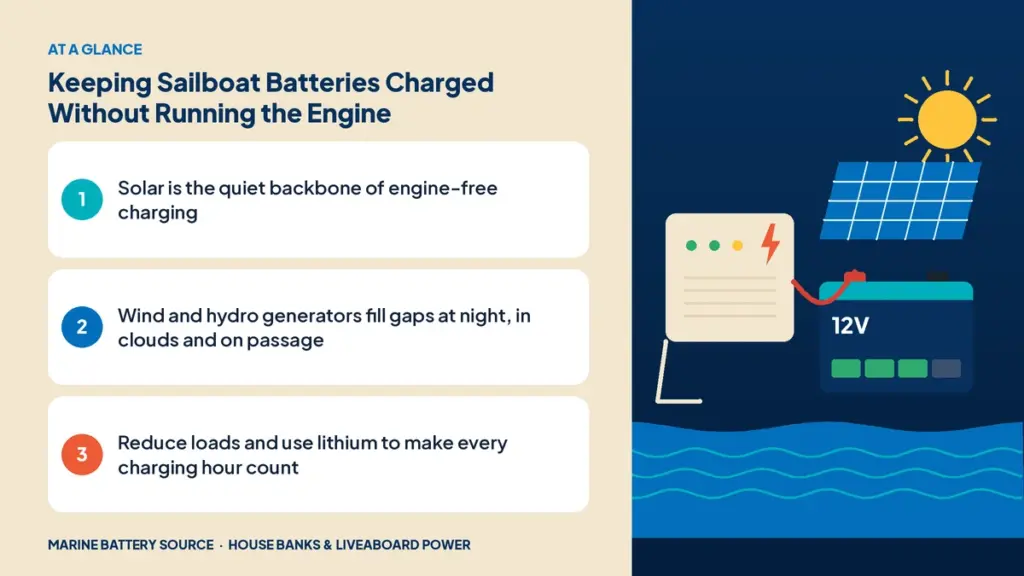 At-a-glance summary: Solar is the quiet backbone of engine-free charging; Wind and hydro generators fill gaps at night, in clouds and on passage; Reduce loads and use lithium to make every charging hour count