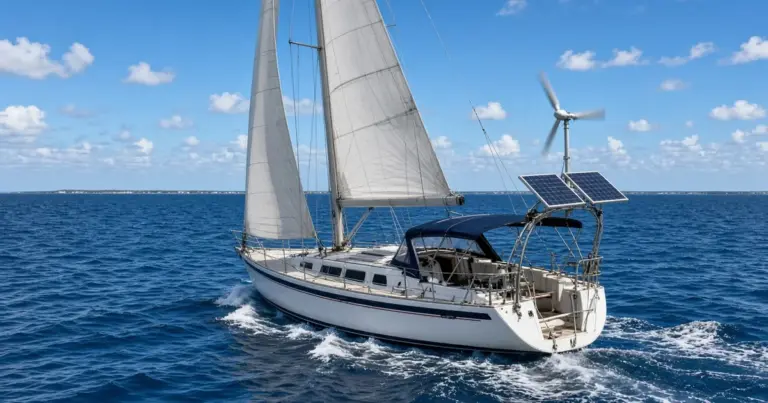 Sailboat under sail on blue water with a wind generator and solar panels on its stern arch