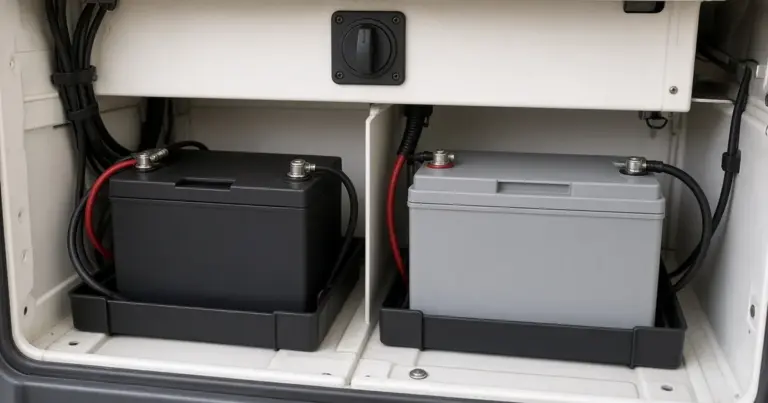Starting and house batteries mounted side by side in a boat compartment below a battery switch