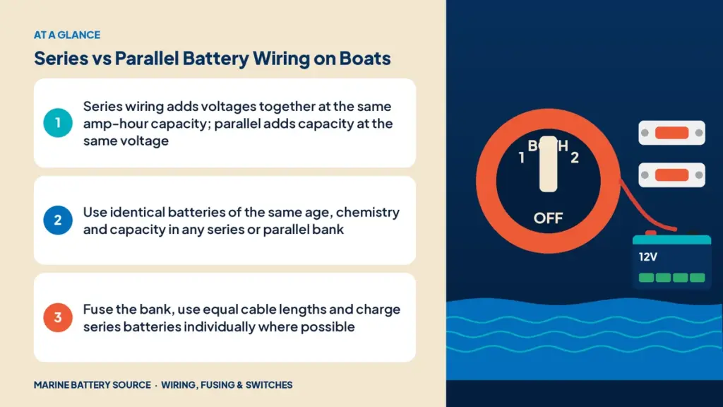 At-a-glance summary: Series wiring adds voltages together at the same amp-hour capacity; parallel adds capacity at the same voltage; Use identical batteries of the same age, chemistry and capacity in any series or parallel bank; Fuse the bank, use equal cable lengths and charge series batteries individually where possible