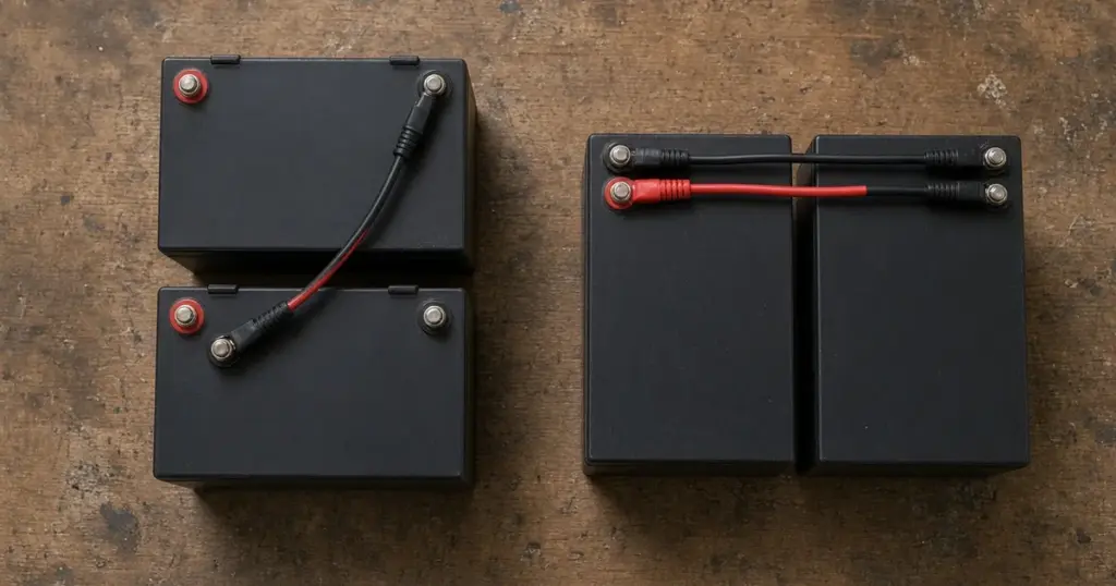 Two pairs of batteries on a workbench, one pair linked in series and the other in parallel