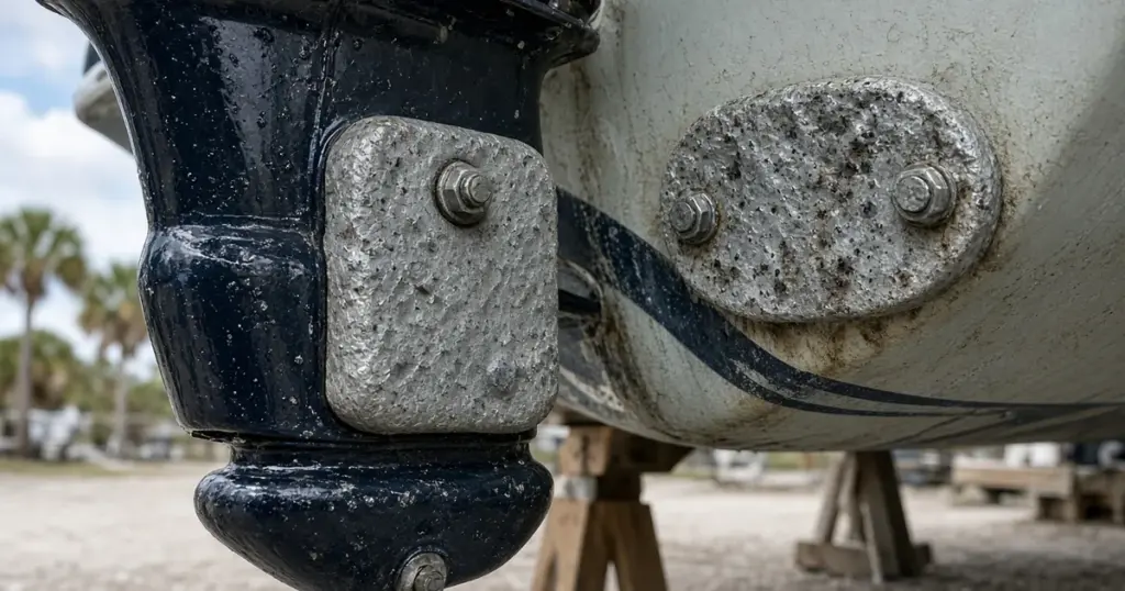 Heavily corroded zinc anodes on an outboard lower unit and hull of a boat in a boatyard